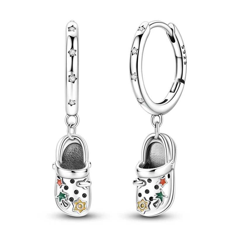 S925 Sterling Silver Cute Croc‑Style Shoe Dangle Huggie Hoop Earrings Color Enamel Star CZ Drop Earring Fashion Jewelry Gift