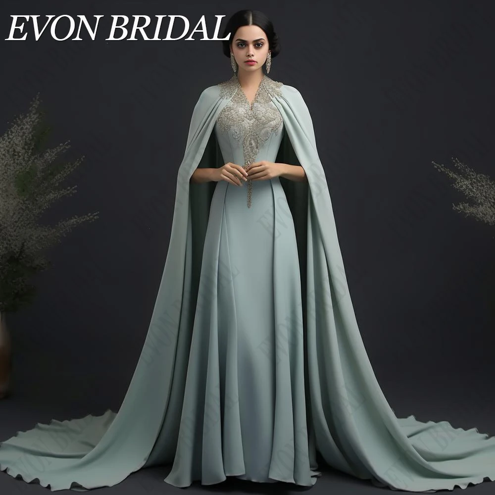 EVON BRIDAL Grayish Green Evening Dresses With Shawl V Neck Women Formal Celebrity Gown Saudi Arabia Embroidery فساتين السهرة