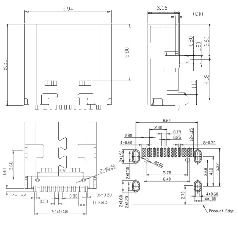 USB 3.1 3A Current Quick-Charge Socket TYPE-C16PIN Shell Extension 10.0MM USB Connector Female for Phone Computer Plug Charging