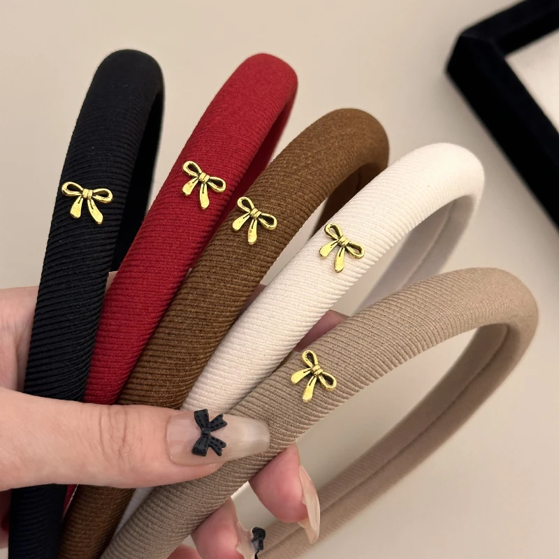 Fashion Gold Bow Headbands for Woman Girls Sweet Thin Fabric Sponge Hair Hoop Hair Band Autumn Winter Hair Accessories Retro New