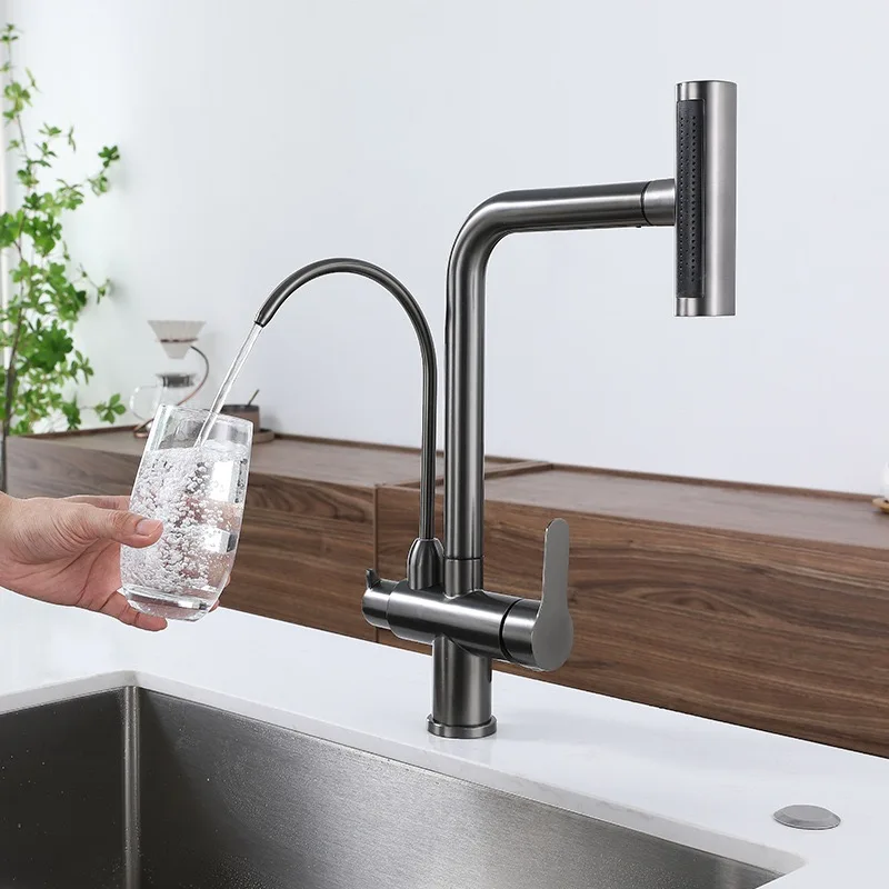 Waterfall Faucet Multi-functional 4 Mode pure Hot Cold Water Kitchen Faucet Sprayer Sink Wash Tap 360° Rotation gun gray Brushed