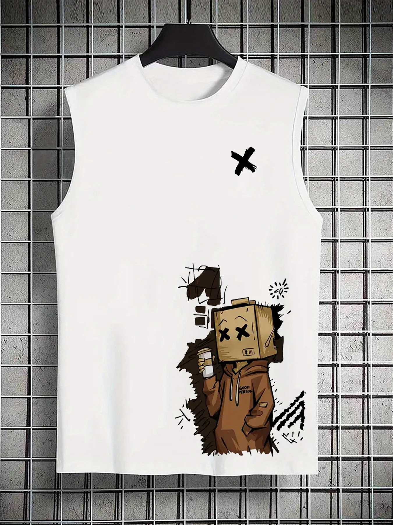 100% Pure Cotton Men's Summer Fashion Casual Sports Loose Doll Graffiti Print Breathable Round Neck Sleeveless Vest