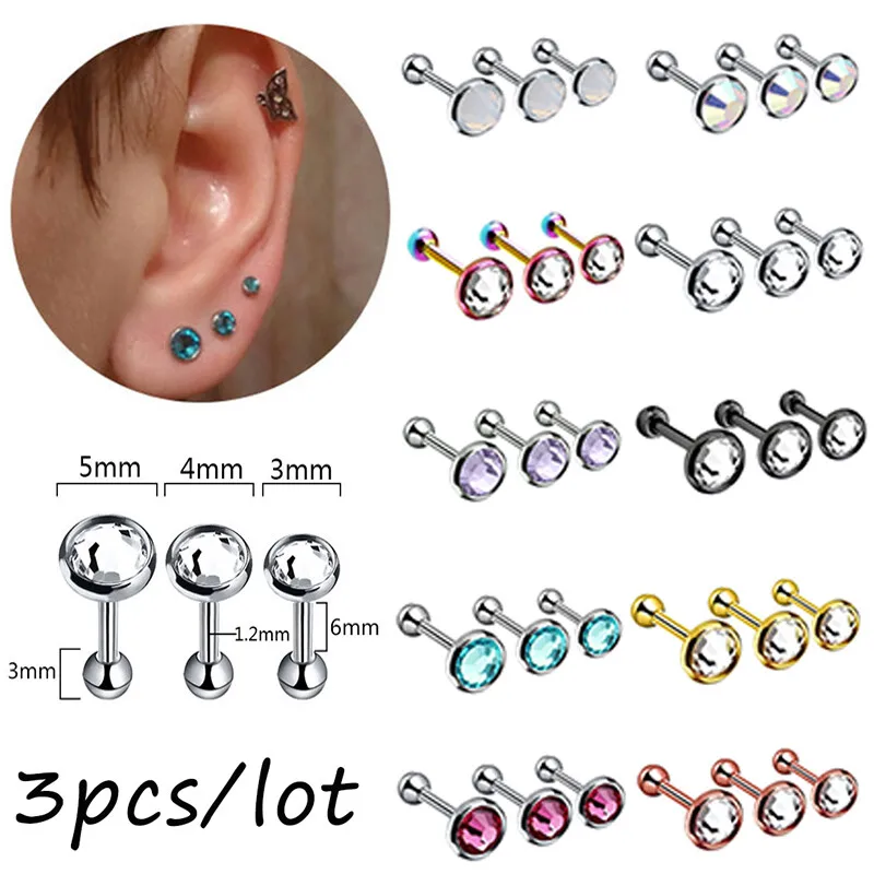 3pcs/lot 316L Steel Gem Ear Studs Pack 3/4/5mm Crystal Zircon Back Helix Tragus Piercing Jewellery for Women Men Earring Sets