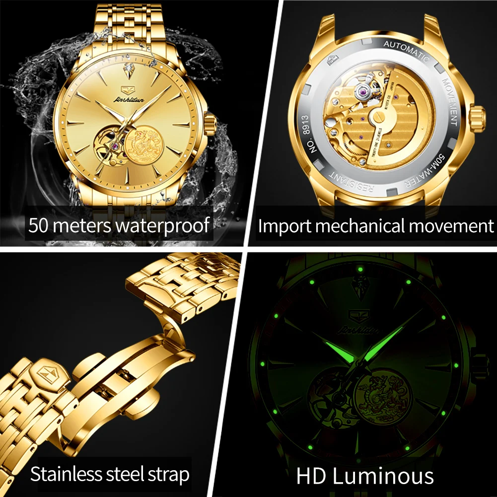 Real Gold Automatic Watch for Men Swiss Movement JSDUN Original Wristwatch Sapphire Mirror Waterproof Clock Business Men\'s Watch