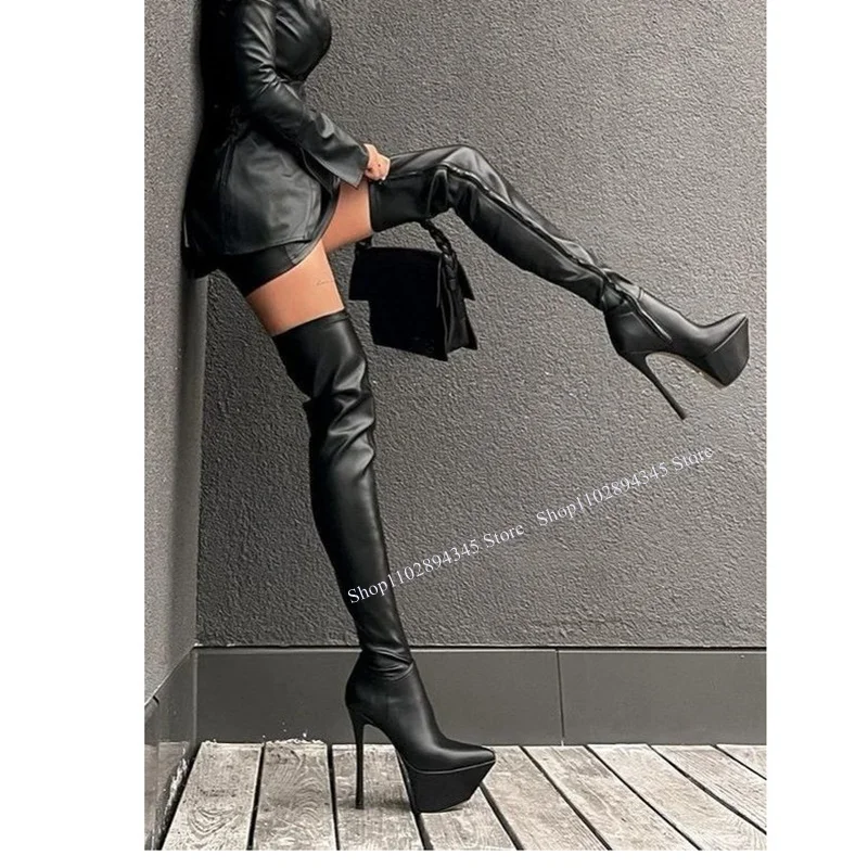 Black Over Knee High Zipper Matte Boots Thin High High Platform Fashion Sexy Cool Western Winter Woman Shoes Zapatillas Mujer