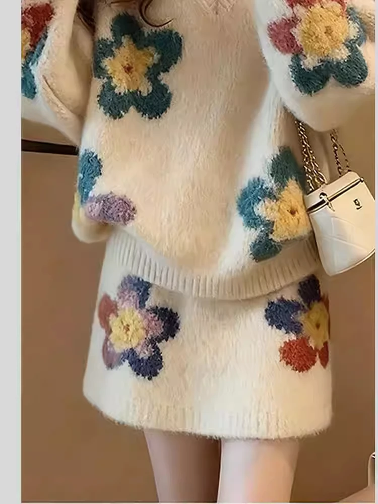 Winter Faion Soft Cozy Sweater Skirt Set Unique Sli High End Look V Ne Long Sve Plant Floral Knitted Thiened Two...