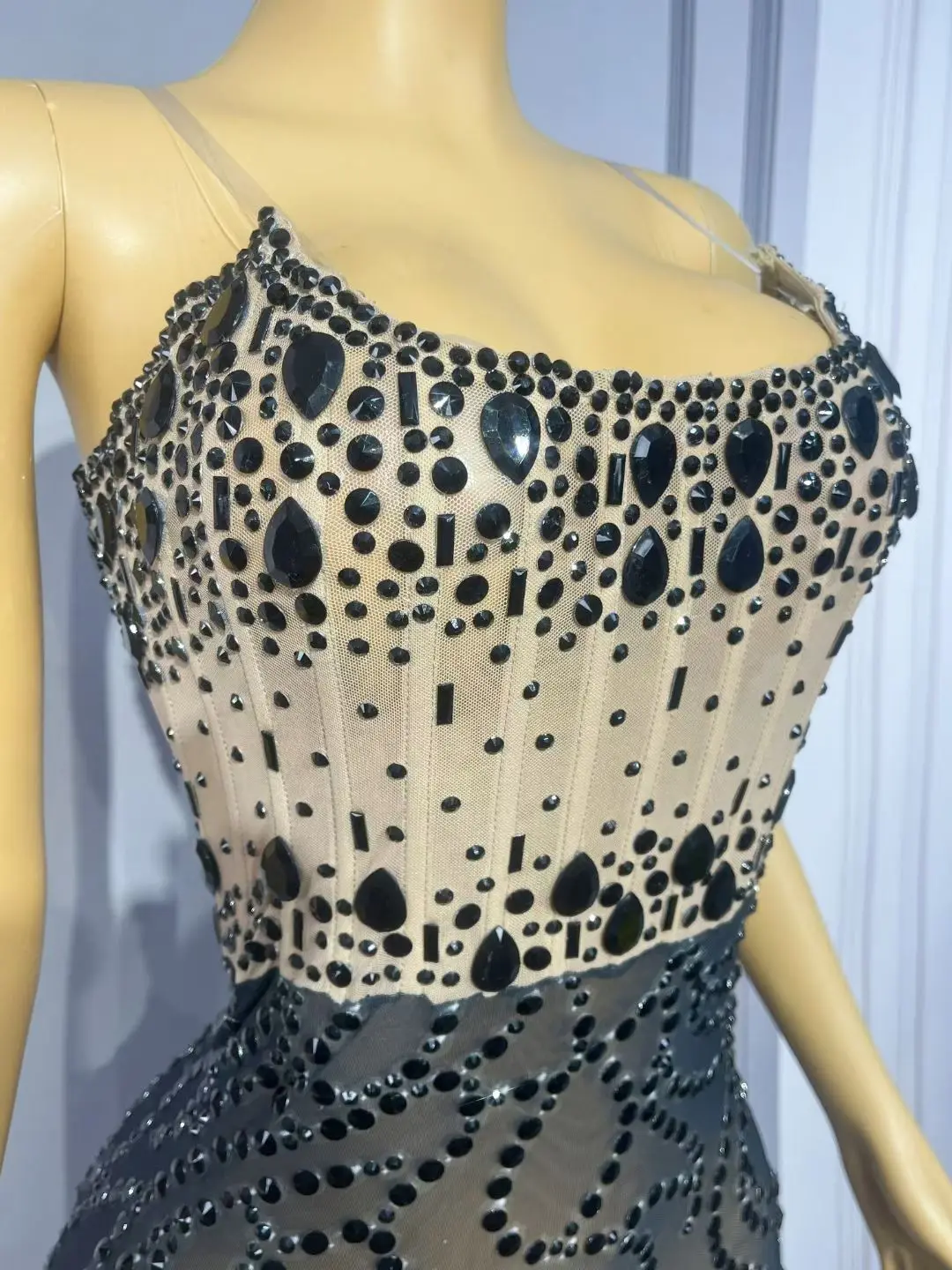 Women Luxury Prom Gowns Black Rhinestones Patchwork High Stretchable Maxi Long One Piece Celebrity Evening Party Gala Gowns