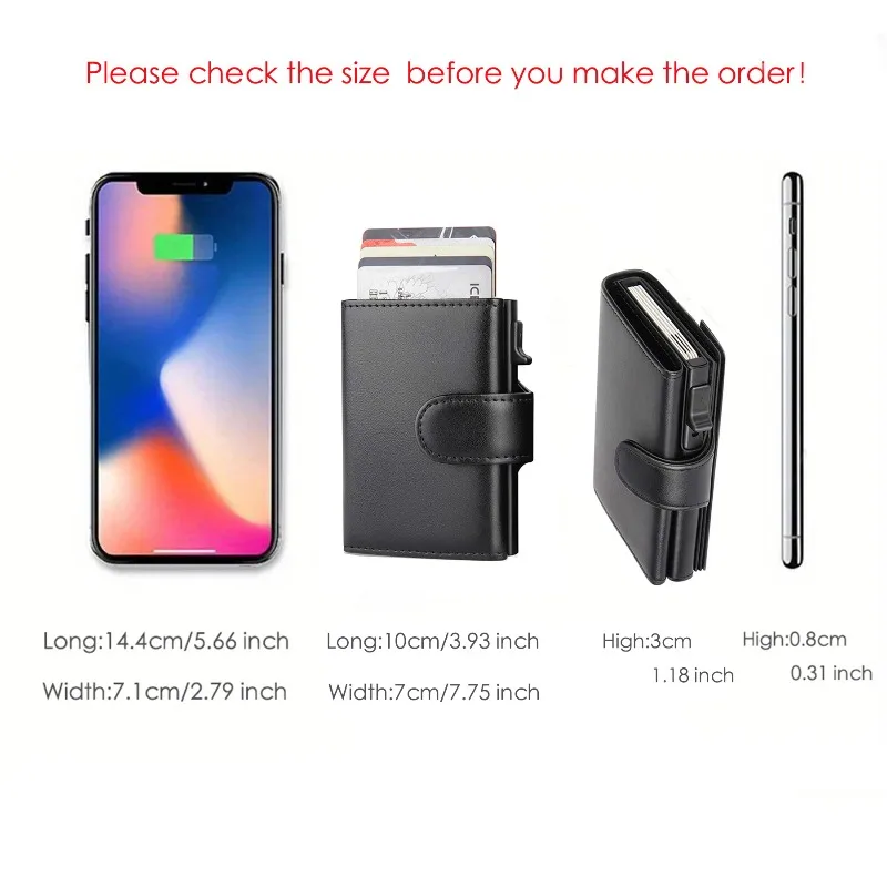 حافظة بطاقات عمل معدنية حامل بطاقة الائتمان Rfid محفظة سوداء ثلاثية الطي مع غلق بمشبك حقيبة نقود صغيرة محافظ للعملات المعدنية للرجال