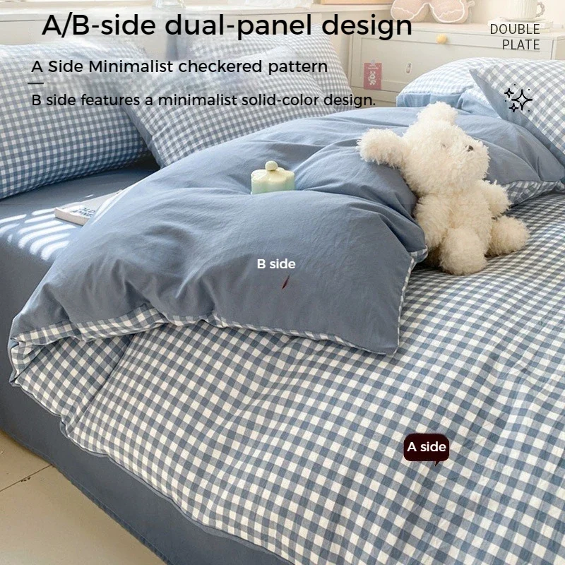 3/4 Pcs Blue Checkered Bedding Set Simple Style Soft Skin Friendly Duvet Cover Flat Sheet and Pillowcases Single Double Bed Set