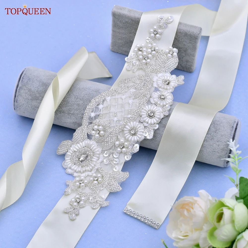 TOPQUEEN Women\'s Lace Handmade White Pearl Applique Belt Prom Party Dress Wedding Belt Woman Flowers Belt For Dress S91