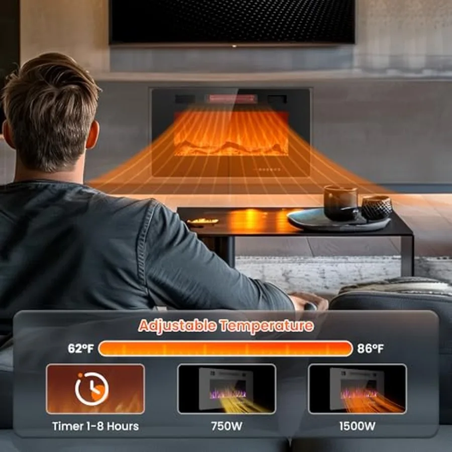 حشوات مدفأة كهربائية مقاس 30 بوصة للتركيب المثبت على الحائط والتركيب المثبت على الحائط بسعة تسخين 750/1500 وات مع شاشة تعمل باللمس #2