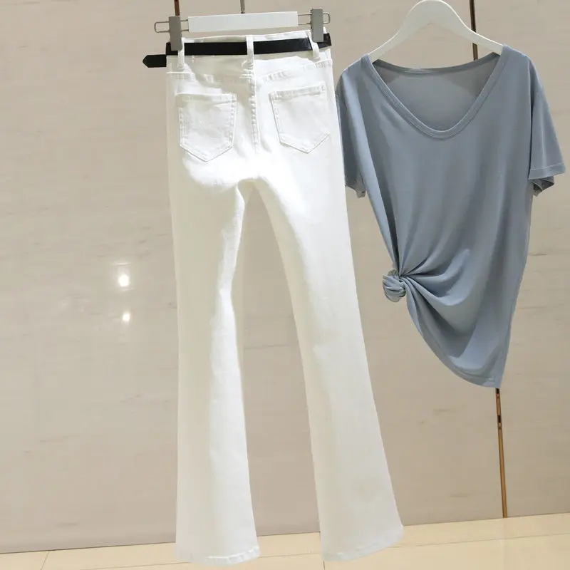 White micro flared jeans women's high waist autumn new Korean version slim fit versatile and elastic split flared pants