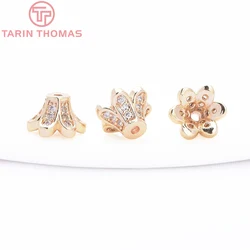 (8775) 4PCS 8.5x5.5MM 24K Gold Color Brass with Zircon Flower Bead Caps Charms High Quality Diy Jewelry Findings Accessories