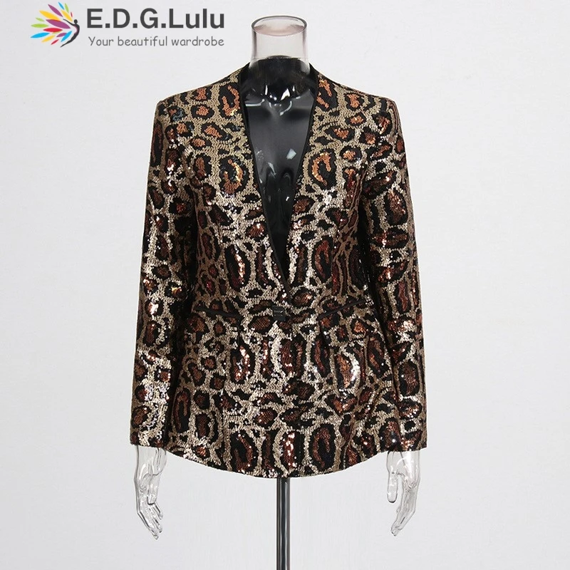 EDGLuLu 2025 Jaket Setelan Gambar Macan Tutul Payet Glitter Desain Baru Musim Semi untuk Wanita Mantel Blazer Lengan Panjang Kerah V 0222