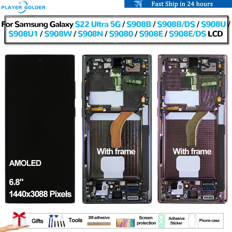 

AMOLED For Samsung Galaxy S22 Ultra 5G S908B S908B/DS S908U S908W Pantalla lcd Display Touch Panel Screen Digitizer Assembly