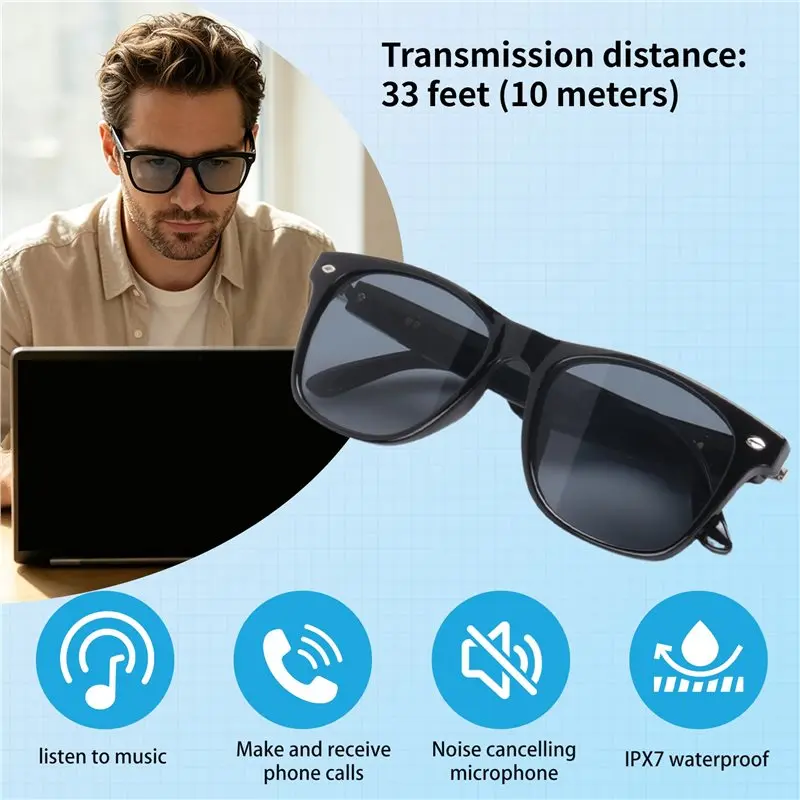 Wireless Bluetooth 5.0 Glasses With Headphones Hands-Free Calling Music Photograph Black C Smart Glasses 1Set