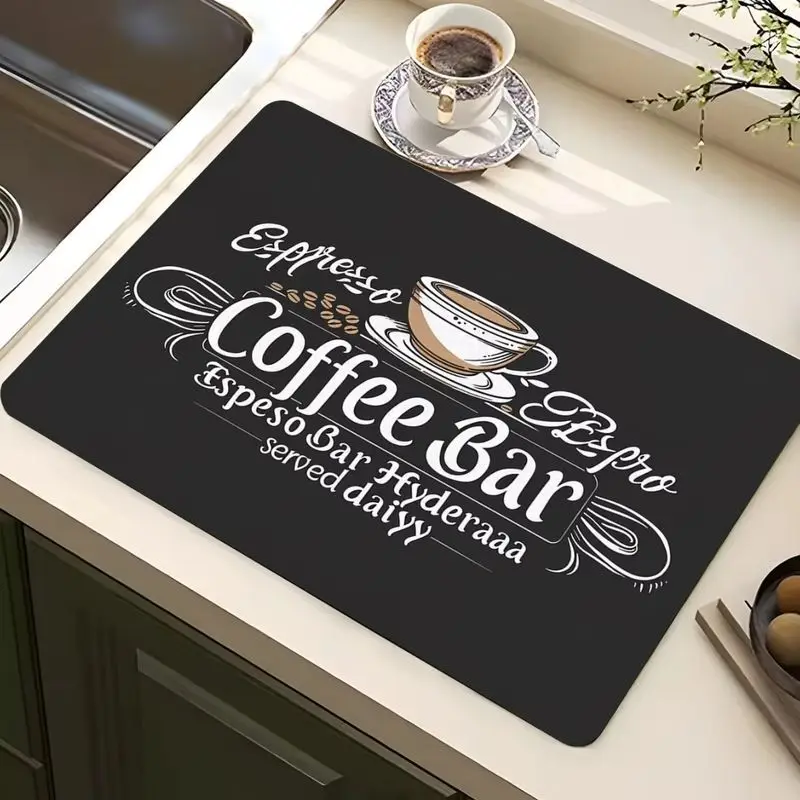 VIKAMA Retro Coffee Bean Graphic Black Kitchen Drain Mat Waterproof Heat Resistant Coffee Bar Absorbent Pad Home Decor