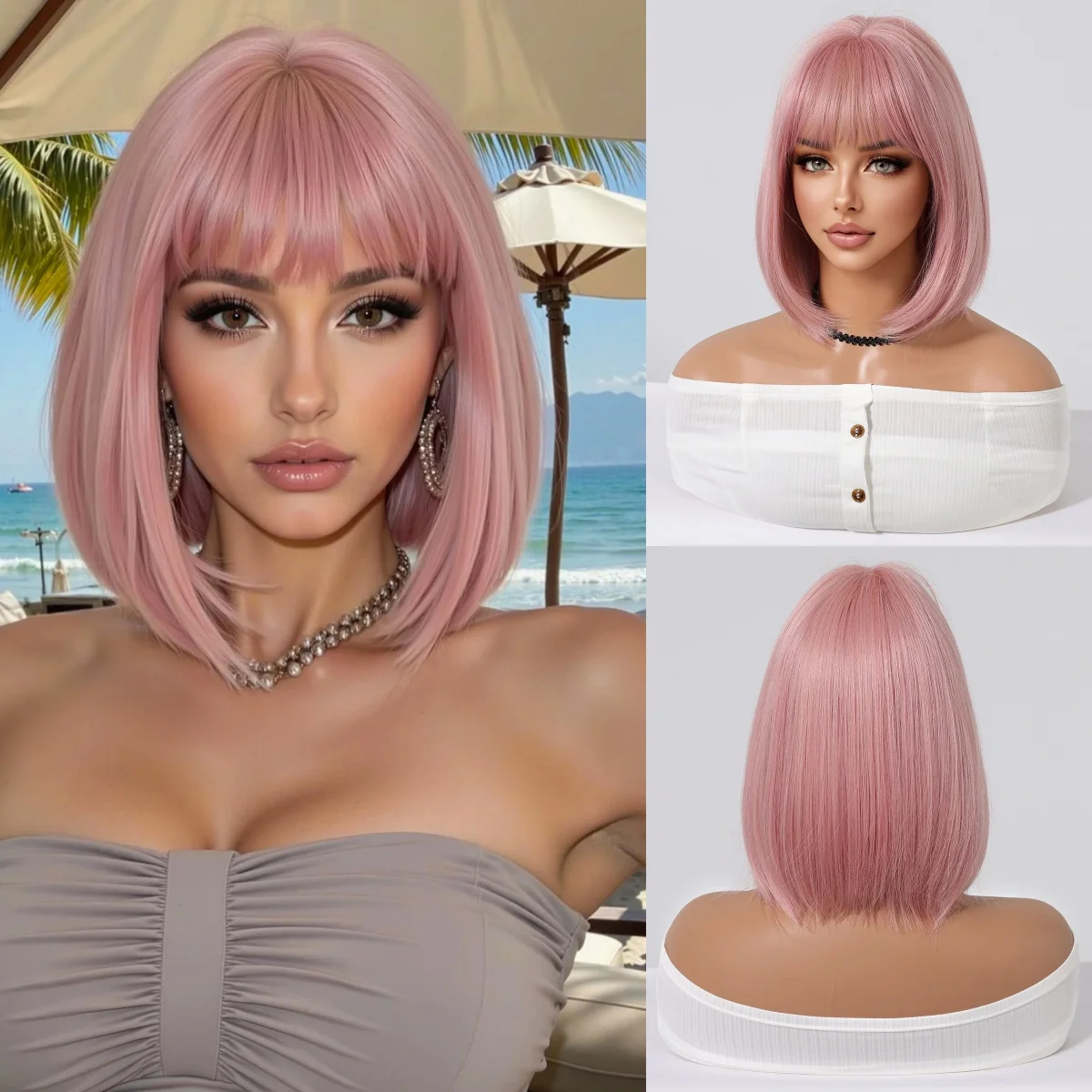 

HENRY MARGU Short Pink Synthetic Wigs Bob Straight Wig with Bangs for Women Party Cosplay Use Heat Resistant Fiber Natural Wig