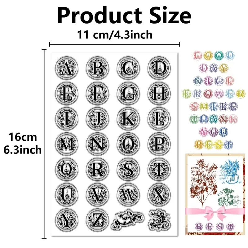 1Sheet Initial A-Z Letters Clear Rubber Stamps Alphabet Vintage Floral Reusable Transparent Silicone Stamp Seals for Journaling