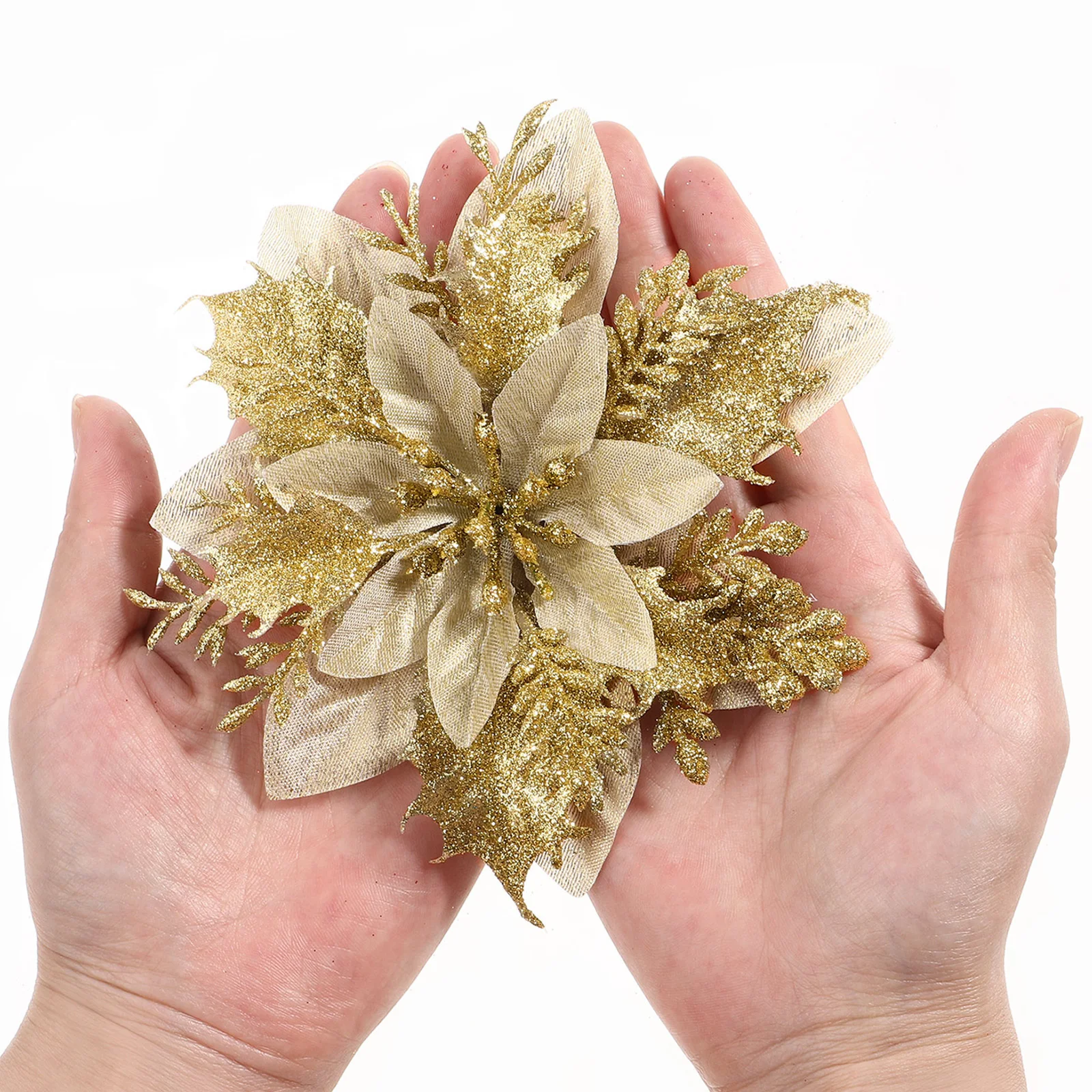 

12Pcs Christmas Glitter Poinsettia Flowers Artificial Tree Decorations Party Ornaments Stems Clips Glitter Poinsettia Flowers