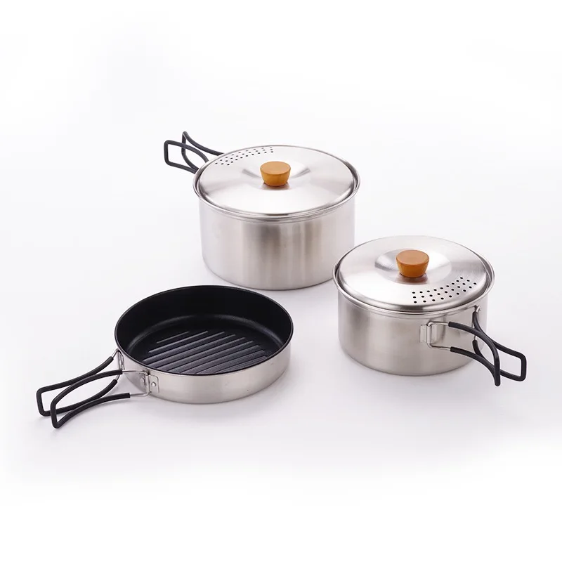 Outdoor Camping Hiking Nonstick Cookware Set 3 Piece Lightweight SUS304 Stainless Steel Fast Cook Fry Pan Kettle Pan Tool Set