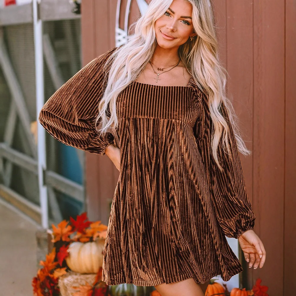 

Shiying осеннее новое элегантное короткое платье с высокой талией для женщин, однотонное бархатное платье с квадратным вырезом и длинными рукавами