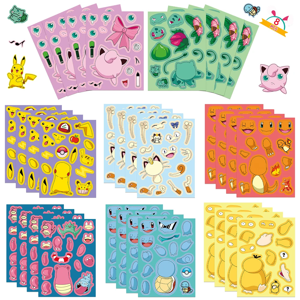 8/16Sheets Cute Pokemon Anime Puzzle Stickers DIY Make-a-Face Assemble Funny Cartoon Decal Jigsaw Fun for Children Kid Toy Gift