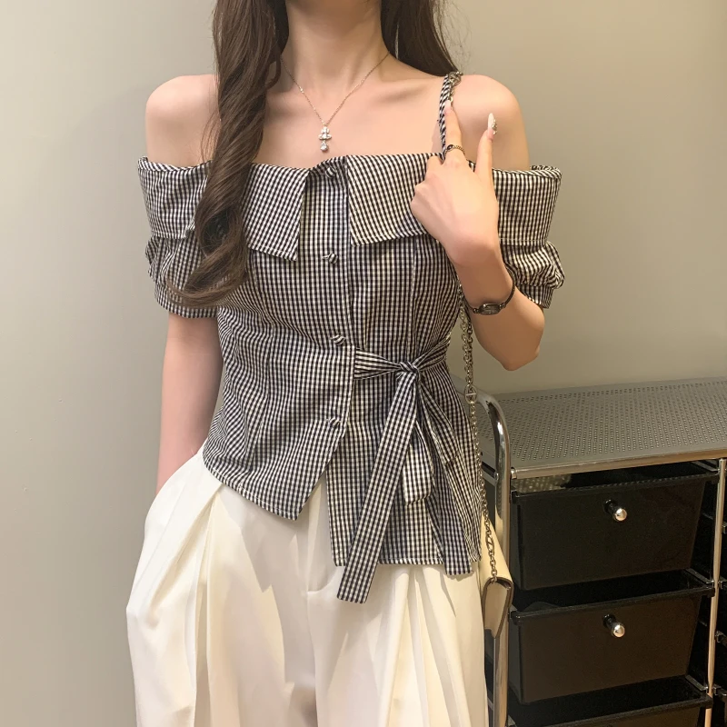 

Emily Clud Selected Recommendation ~ One oulder Bridesmaid irt with Bow Waist Tie And Plaid Design for Summer Women