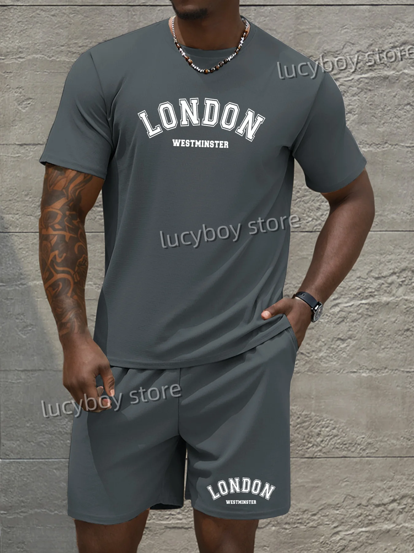 

LONDON Print Mens Sport 2 Piece Set Men T-shirt + Trousers Suit Casual Short Tracksuit Vintage Outfit Sportswear Male Clothing