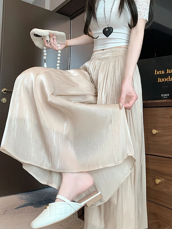 Ladies High Waist Wide Leg Pants Ice Silk Casual Trousers Summer 2026 New Style Small Size Drapey Nine Point Straight Leg