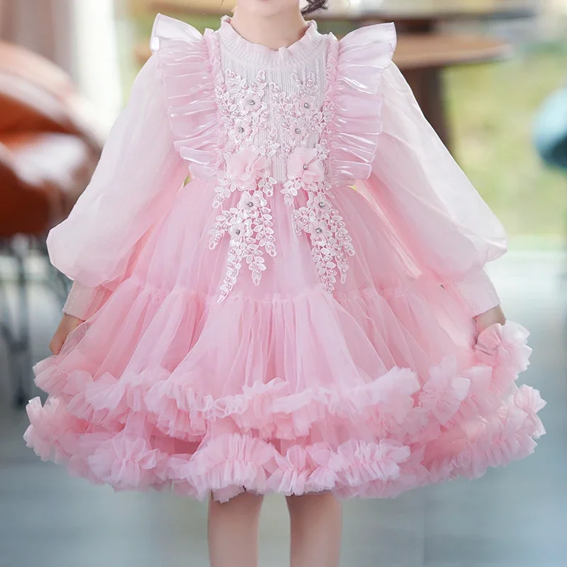 Girls' gauze shaggy short spring and autumn dress dinner dress show Pink Blue Champagne sweet wind # M239