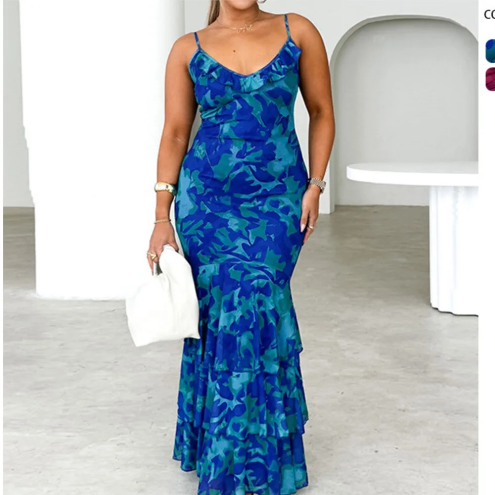 Sexy corpo-abraçando impresso halter vestido moda feminina em camadas babados fishtail vestidos fino e elegante feminino festa robe vestido