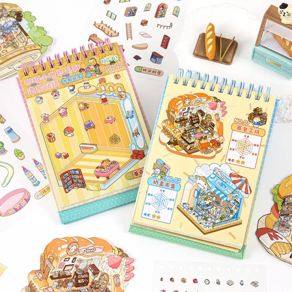 

New 10-in-1 Miniature Landscape Sticker Collection Decompression Cartoon DIY Cabin Scene Sticker PET DIY Game Stickers Children