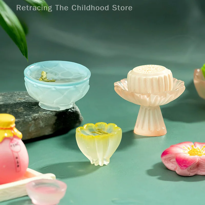 4 stks/set Poppenhuis Miniatuur Fruitschaal Plaat Hoge Lade Taart Plaat Thee Kom Model Keuken Accessoires Voor Poppenhuis Decor Speelgoed