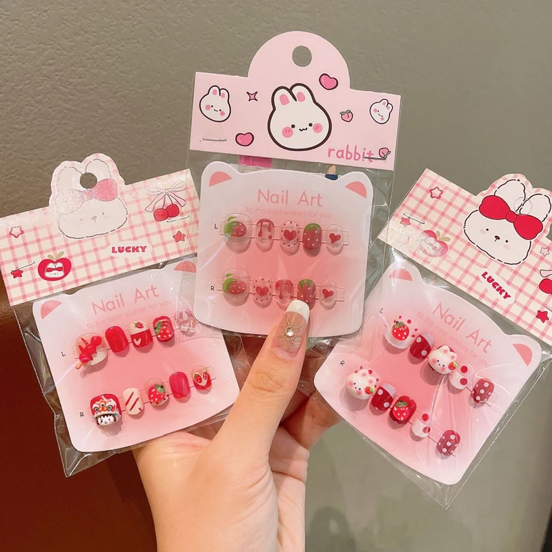 

10Pcs Children's Cute Cartoon Rubbit and Strawberry Press on Nails Baby Fake Nails Girls Gift Toys Girls Nail Tips with Toolkit
