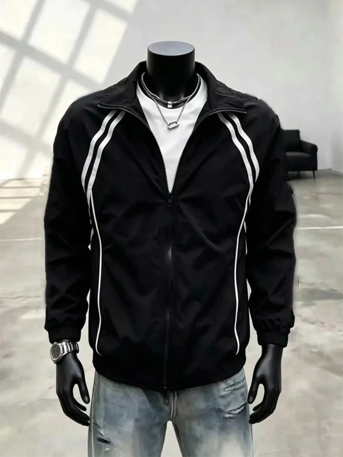 American Style Cleanfit Patchwork Striped Flight Jacket Men's Autumn Outerwear Shoulder Stand Collar Baseball Uniform Youth Feel