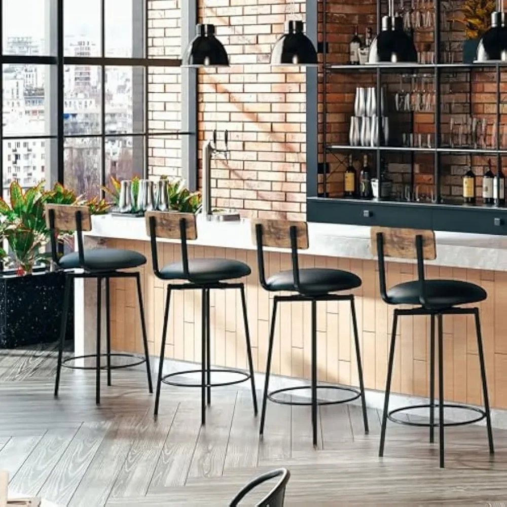 Bar Stools Set of 2, Wider Base PU Upholstered Swivel Barstools, Thick Cushion Stools with Footres, Bar Chairs