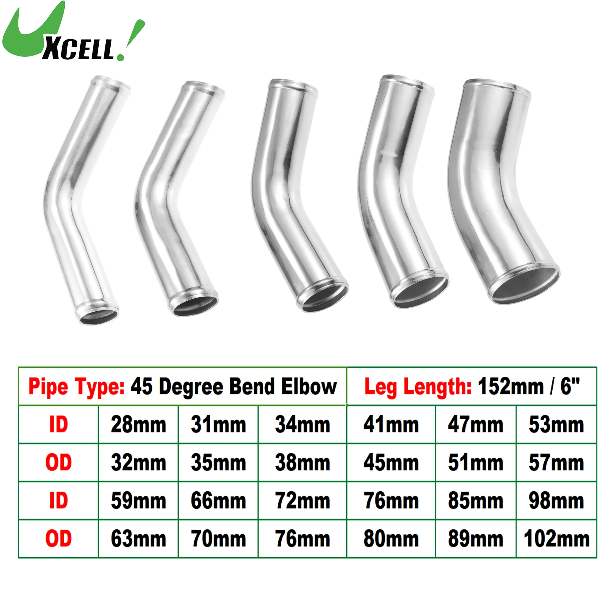 UXCELL 45 stopni OD 32-102mm długość nogi 100mm samochodowa rura ze stopu aluminium Intercooler zgięcie kolanko rura wlotu powietrza łączniki rury