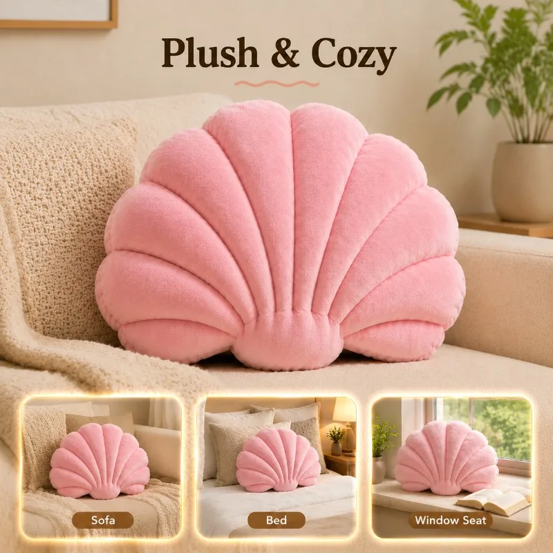 Plush Shell Shaped Pillow Ocean Themed Decor Cushion Soft Back Support Pad for Home Sofa Office Chair Aquarium Ornament