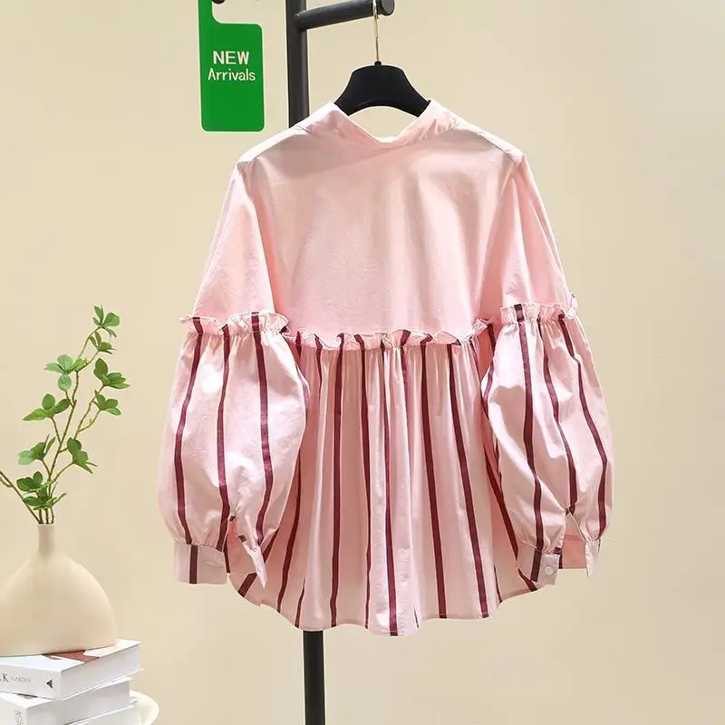 Korejpaa Striped Patchwork Women Shirt 2024 Spring Turn-down Collar Woman Clothing Korean Fashion Lantern Sleeve Tops Mujer