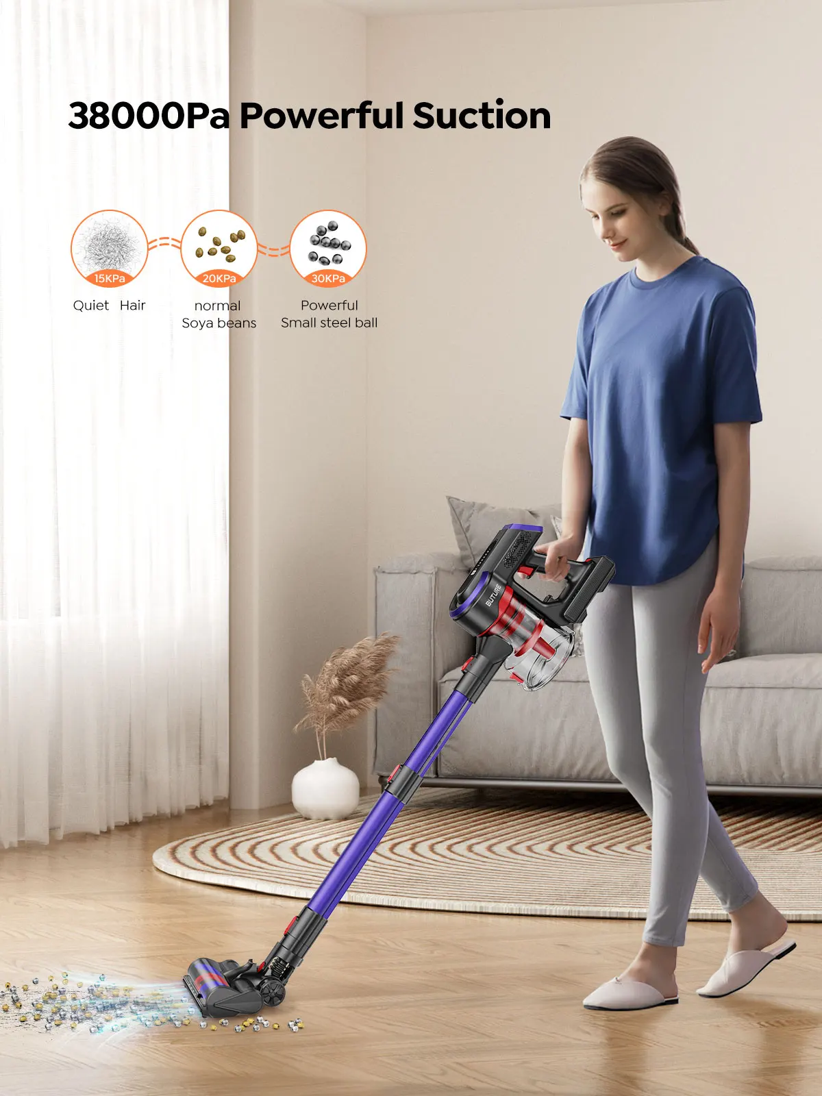 Burure JR400 portable cordless vacuum cleaner 38000PA suction power 450W household appliances 1.5L dust cup with touch screen cordless detachable