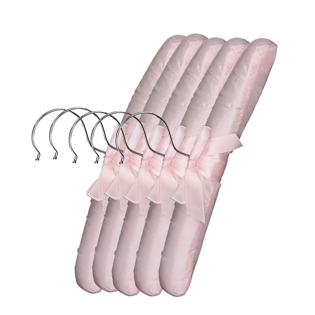 5Pcs Satin Hangers Pink Sponge Padded Clothes Racks Anti-Mark Wrinkle Resistant Delicate Clothing Wardrobe Hangers with Chrome