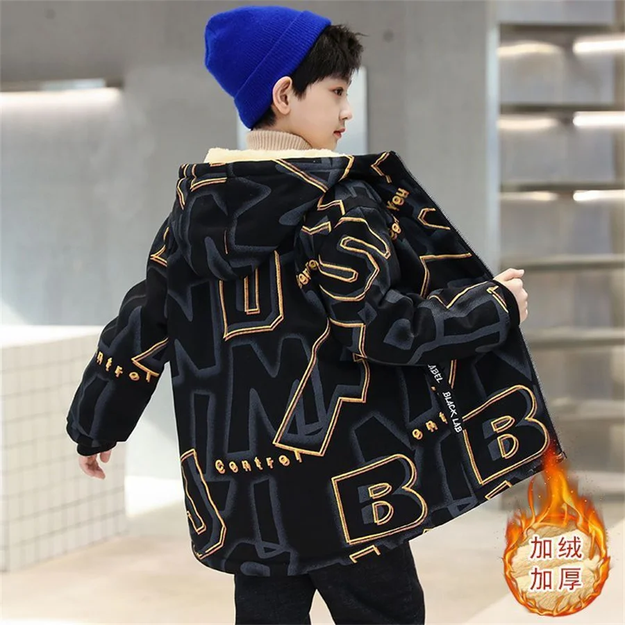 4 6 8 10 12 14 Years Big Boys Jacket Autumn Winter Thicken Warm Teenager Kids Jackets Fashion Long Style Zipper Hooded Boys Coat