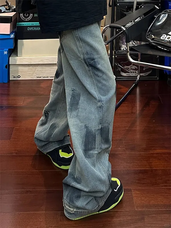 

American fiti Dyeing Wide Leg Loose Fit Straight Jeans High Street Sle Youth Casual Summer Jeans for Men