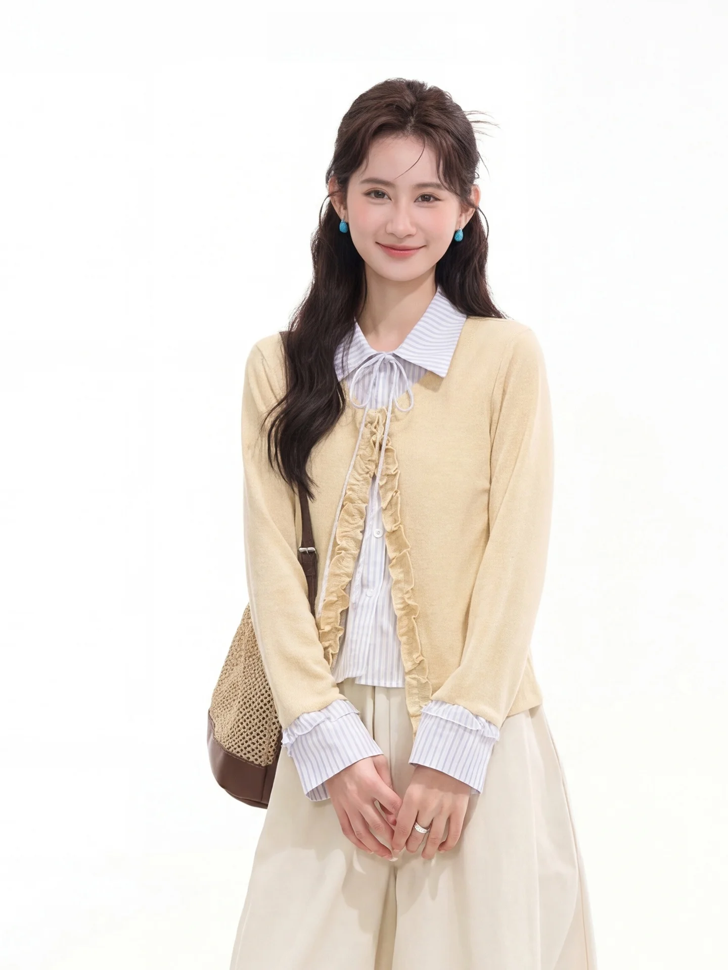 

Женская рубашка в полоску с длинным рукавом, весна-лето, хлопок, с цветочным декором, с поясом, имитация двухслойности, в корейском стиле, дышащая