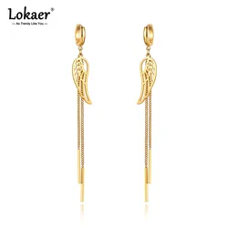 Lokaer Bohemia Long ChainTassel Hoop Earrings Trendy Stainless Steel Wings Earrings For Women Girls boucle oreille femme E21057