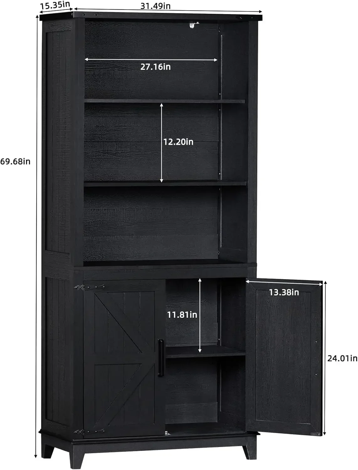 70in Tall Bookshelf 5 Tier Bookcase with Barn Doors and Adjustable Shelves,Black Farmhouse Book Shelf with Storage Cabinet(2PCS)