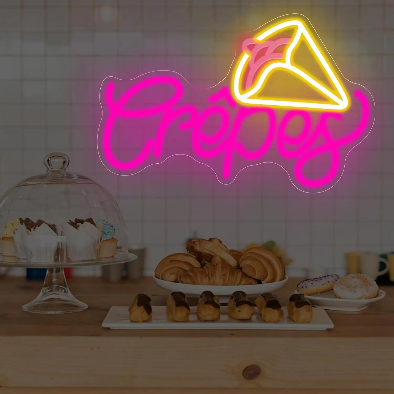 Crepes Neon Sign USB Dimmable LED Neon Lights for Cafe Bakery Dessert Shop Bistro Breakfast Corner Wall Decor Storefront Sign