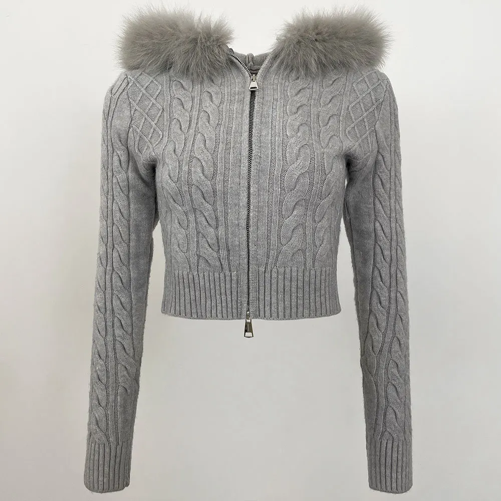 2025 winter new product fresh temperament rough edge hooded design girl sweater two-way zipper cardigan short jacket