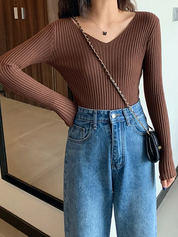 2025 Basic V-neck Solid Autumn Winter Pullover Women Female Knitted Ribbed Sweater Slim Long Sleeve Badycon High Quality Sweater